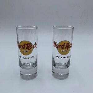 Hard Rock Cafe Shot Glass Set Salt Lake City Clear Excellent Tall Shooter 2pc
